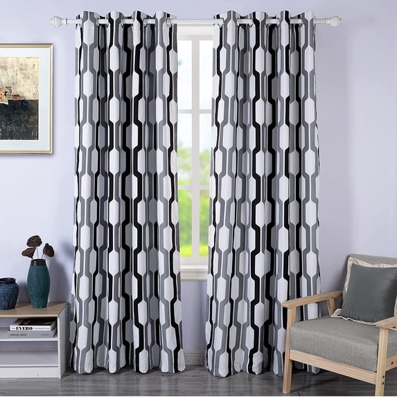 DriftAway Riley Geo Gray White Curtain 84 Inches Long for Living Room Dining Room Thermal Insulated Window Drapes Grommet Top Blackout Curtain Classic Geometric Pattern 2 Panels