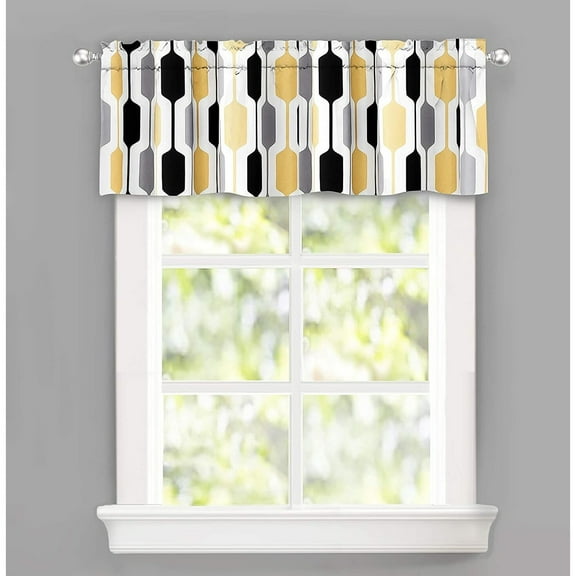 DriftAway Riley Geo Lined Window Curtain Valance Mid Century Geometric Pattern 2 Layers Rod Pocket 52 Inch by 14 Inch Plus 2 Inch Gold Black Gray