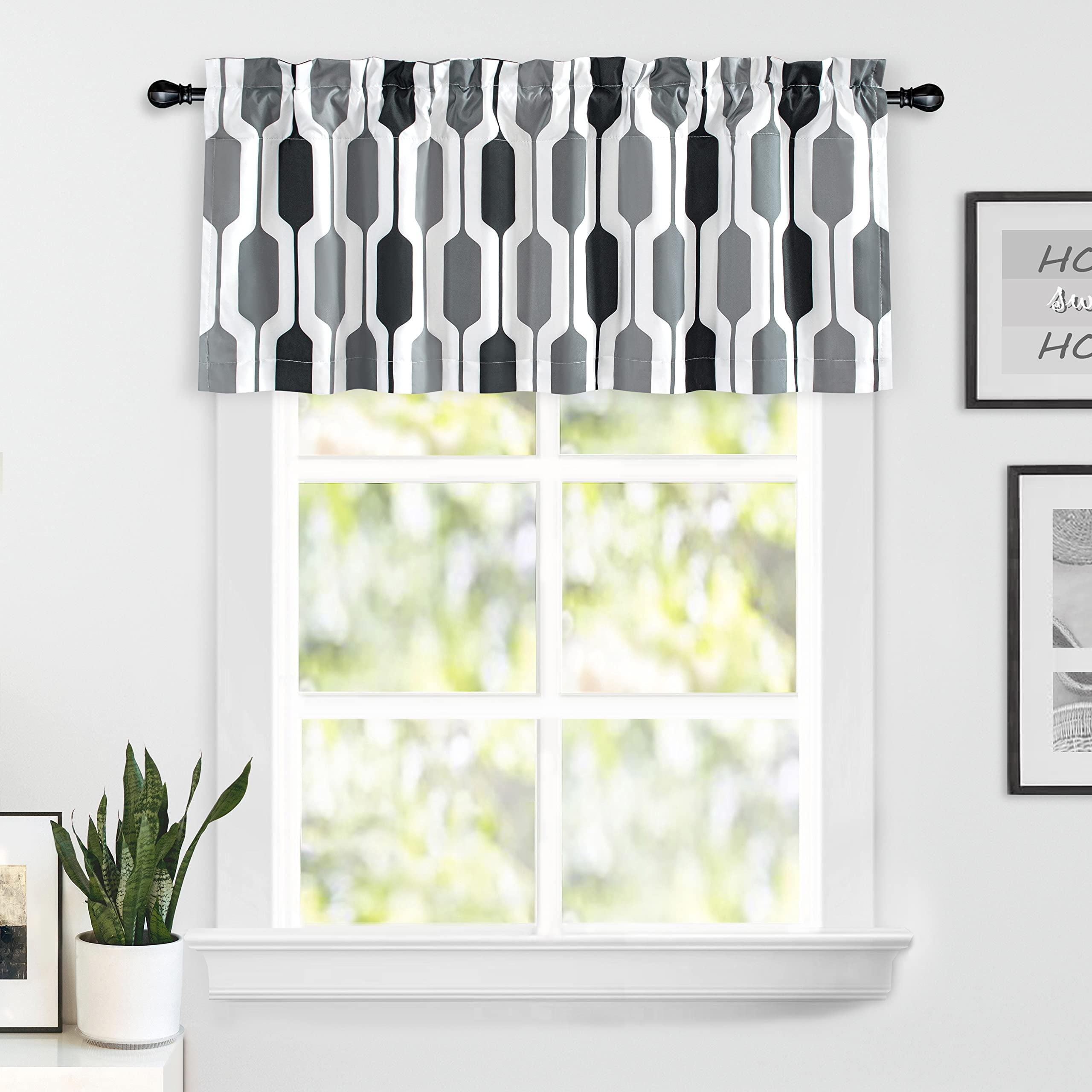 DriftAway Riley Geo Lined Window Curtain Valance Mid Century Geometric Blocked Pattern 2 Layers Rod Pocket, 52" x 18" Plus 2", Black and White Gray