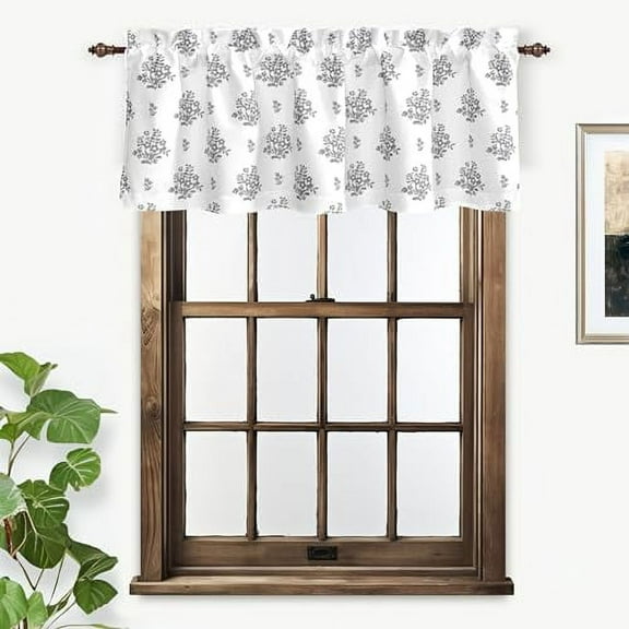 DriftAway Rina Vintage Floral Botanical Pattern Lined Rod Pocket Valance, 52" x 18" Plus 2" Header, Gray