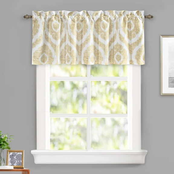 DriftAway Rory Valance for Kitchen Damask Medallion Print Rod Pocket Short Topper Curtain 18 inch Window Treatment for Home Decor Bedroom 52Wx18L Tan White Valance for Windows 1 Pack
