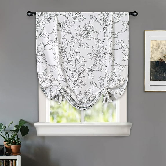 DriftAway Ryan Sketch Floral Branch Leaves Blackout Lined Tie Up Adjustable Balloon Rod Pocket Curtain for Small Window 31"x47" Black Line