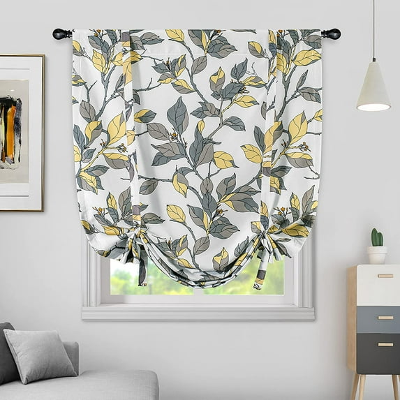 DriftAway Ryan Sketch Floral Branch Leaves Blackout Lined Tie Up Adjustable Balloon Rod Pocket Curtain for Small Window 31" x 47" Yellow Gray