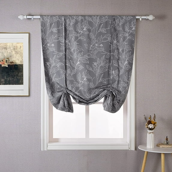 DriftAway Ryan Sketch Floral Branch Leaves Blackout Lined Tie Up Adjustable Balloon Rod Pocket Curtain for Small Window, 45" x 63" Gray