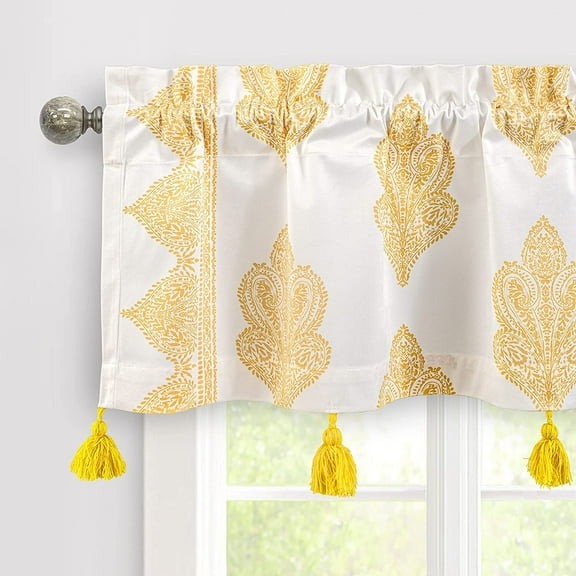 DriftAway Sadie Paisley Medallion Pattern Boho Velvet Window Curtain Valance with Handmade Tassels for Kitchen Rod Pocket 50" x 14" Plus 1.75" Header, Gold Yellow