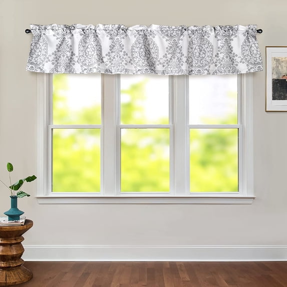 DriftAway Samantha Floral Damask Medallion Pattern Valance Single Rod Pocket, 106" x 18" Plus 2" Header, Gray
