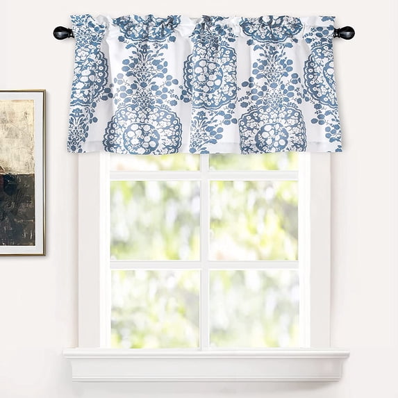 DriftAway Samantha Floral Damask Medallion Pattern Valance Single Rod Pocket, 52" x 24" Plus 2" Header, Dusty Blue
