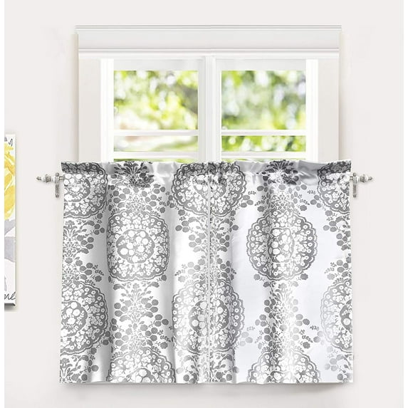 DriftAway Samantha Floral and Damask Medallion Pattern Kitchen Tier Window Treatment, Set of Two, Each 30" x 36"