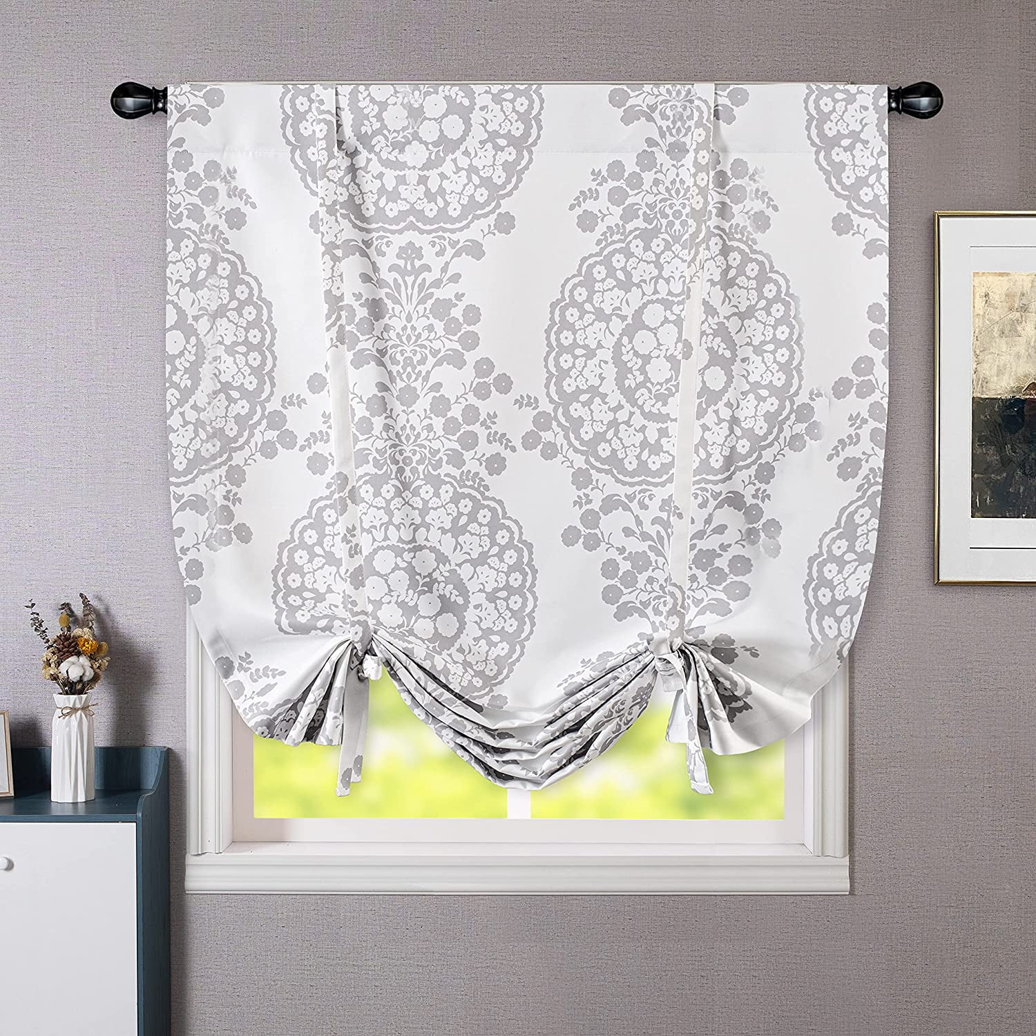 Gray and White Floral Medallion Tie-Up Shade 39" x 55"
