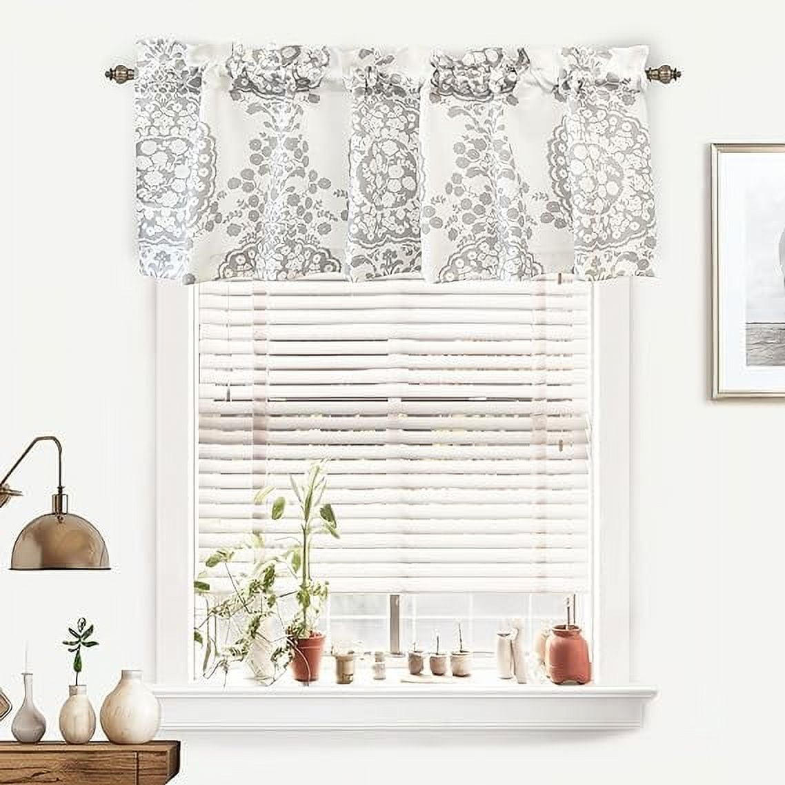 Gray Floral Damask Medallion Rod Pocket Valance 52" x 18"
