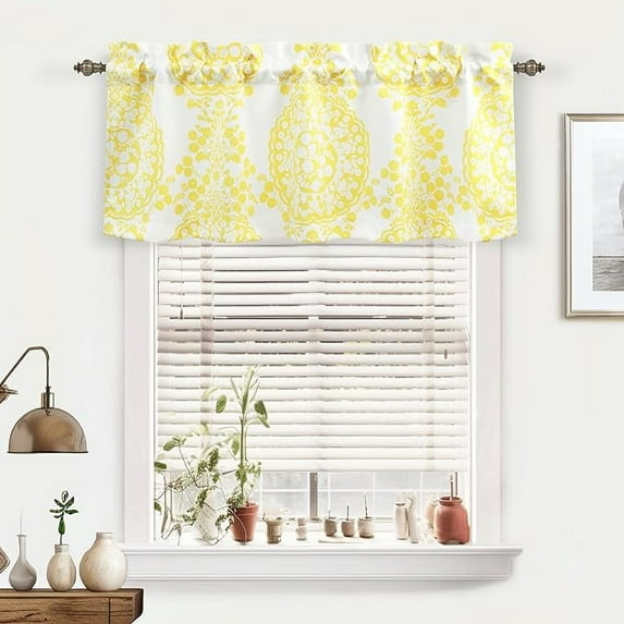 DriftAway Samantha Window Treatment Valance, Floral/Damask Medallion Pattern, Rod Pocket (52"x18", Yellow)