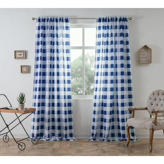 DriftAway Semi Sheer Buffalo Plaid Check Curtains Rod Pocket Checkered Curtains Farmhouse Window Navy and White Curtains for Living Room, Bedroom, 4 Panels Curtain, 52" x 84"
