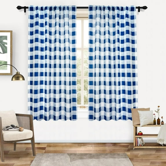 DriftAway Semi Sheer Buffalo Plaid Check Curtains Rod Pocket Checkered Curtains Farmhouse Window Navy and White Curtains for Living Room, Bedroom, 6 Panels Curtain, 52" x 63"