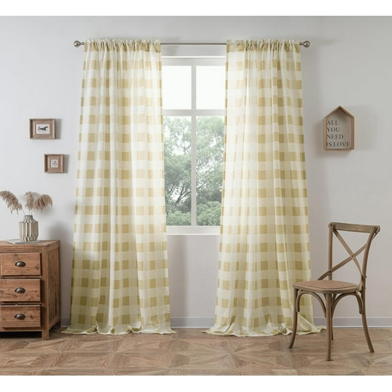 DriftAway Semi Sheer Buffalo Plaid Check Curtains Rod Pocket Checkered Curtains Farmhouse Window Taupe and White Curtains for Living Room, Bedroom, 6 Panels Curtain, 52" x 84"