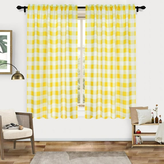 DriftAway Semi Sheer Buffalo Plaid Check Curtains Rod Pocket Checkered Curtains Farmhouse Window Yellow and White Curtains for Living Room, Bedroom, 4 Panels Curtain, 52" x 63"