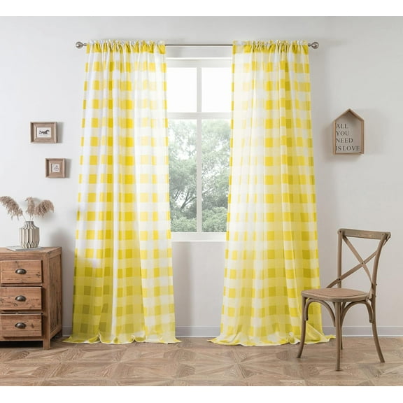 DriftAway Semi Sheer Buffalo Plaid Check Curtains Rod Pocket Checkered Curtains Farmhouse Window Yellow and White Curtains for Living Room, Bedroom, 4 Panels Curtain, 52" x 96"