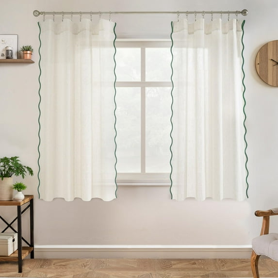 DriftAway Semi Sheer Scalloped Edge Linen Coastal Beach Window Curtains for Living Room Bedroom 2 Panels Rod Pocket Each Size 52 Inch by 63 Inch Loden Green