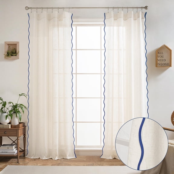 DriftAway Semi Sheer Scalloped Edge Linen Coastal Beach Window Curtains for Living Room Bedroom 2 Panels Rod Pocket Each Size 52 Inch by 90 Inch Navy