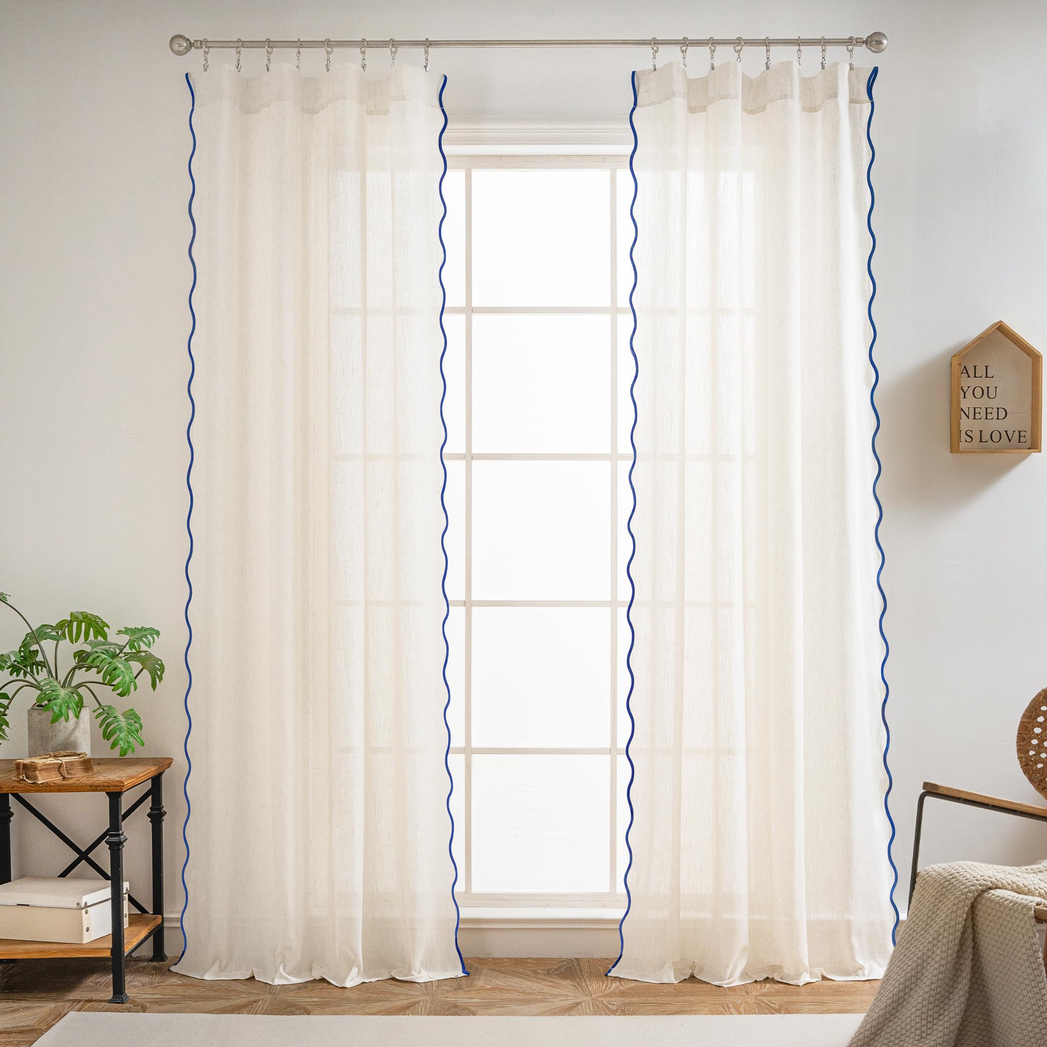 DriftAway Semi Sheer Scalloped Edge Linen Coastal Beach Window Curtains for Living Room Bedroom 2 Panels Rod Pocket Each Size 52 Inch by 96 Inch Navy