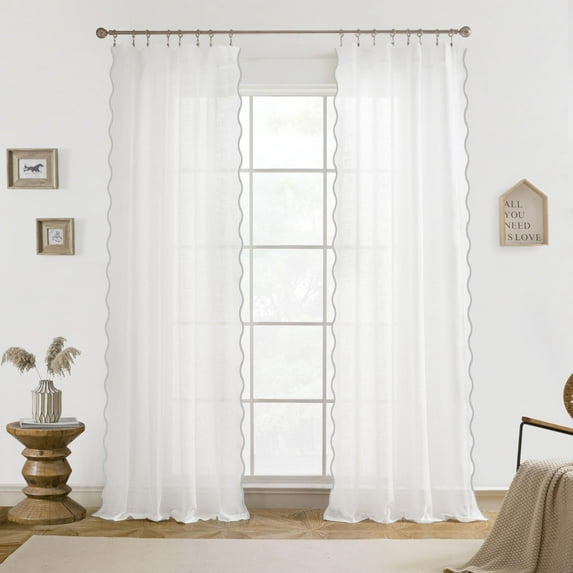 DriftAway Semi Sheer Scalloped Edge White Coastal Beach Window Curtains for Living Room Bedroom 2 Panels Rod Pocket Each Size 52 Inch by 96 Inch Gray