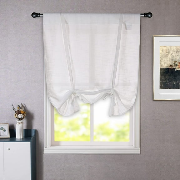 DriftAway Solid Color Faux Linen Slub Sheer Voile Tie Up Decorative Adjustable Balloon Rod Pocket Window Curtains for Small Window 25" x 47" White