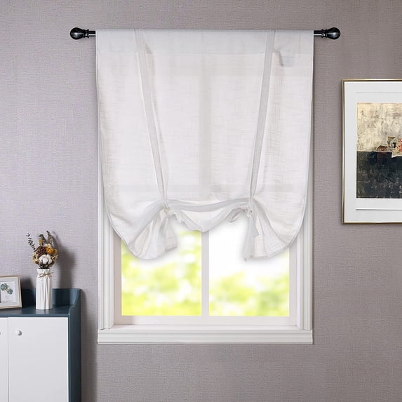 DriftAway Solid Color Faux Linen Slub Sheer Voile Tie Up Decorative Adjustable Balloon Rod Pocket Window Curtains for Small Window 25" x 47" White