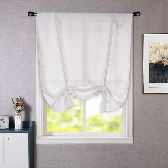 DriftAway Solid Color Faux Linen Slub Sheer Voile Tie Up Decorative Adjustable Balloon Rod Pocket Window Curtains for Small Window 31"Wx47"L White