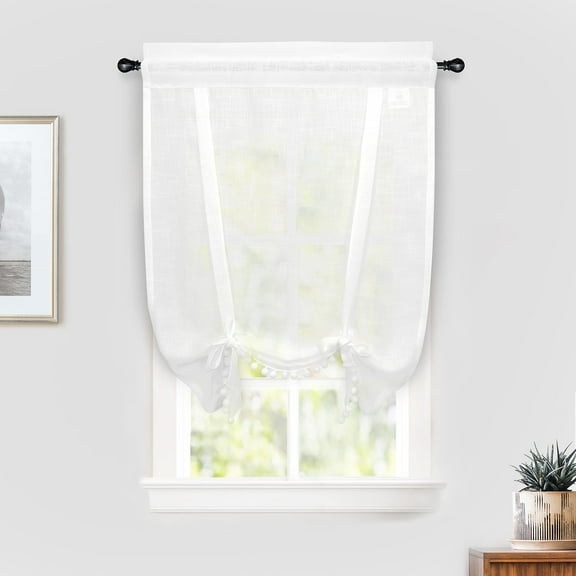 DriftAway Solid Color Linen Textured Slub Sheer with Pom Pom Trim Tie Up Decorative Adjustable Balloon Rod Pocket Window Curtains for Small Window 25" x 47" White