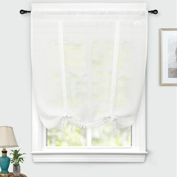DriftAway Solid Color Linen Textured Slub Sheer with Pom Pom Trim Tie Up Adjustable Balloon Rod Pocket Window Curtains White - 39" Width X 55" Length