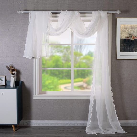 DriftAway Solid White Sheer Window Scarf Valance Long Luxury Sheer Fabric Topper Pom Pom Trimmed 52" width X 144 " length
