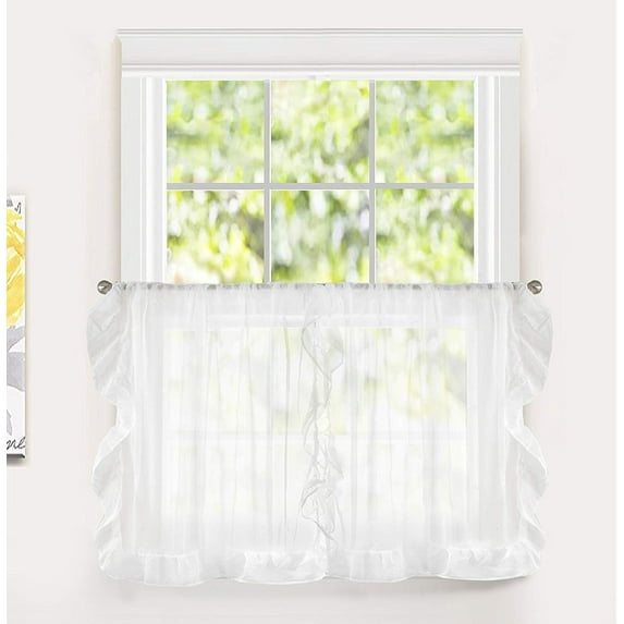 DriftAway Sophie Sheer Ruffle Edge Kitchen Tier Rod Pocket 30" x 36" Plus 2" Header Off White 2 Piece