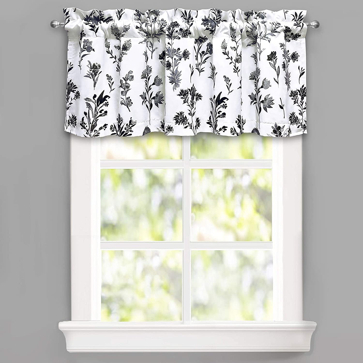 Sylvia Black and White Floral Blackout Valance with Rod Pocket