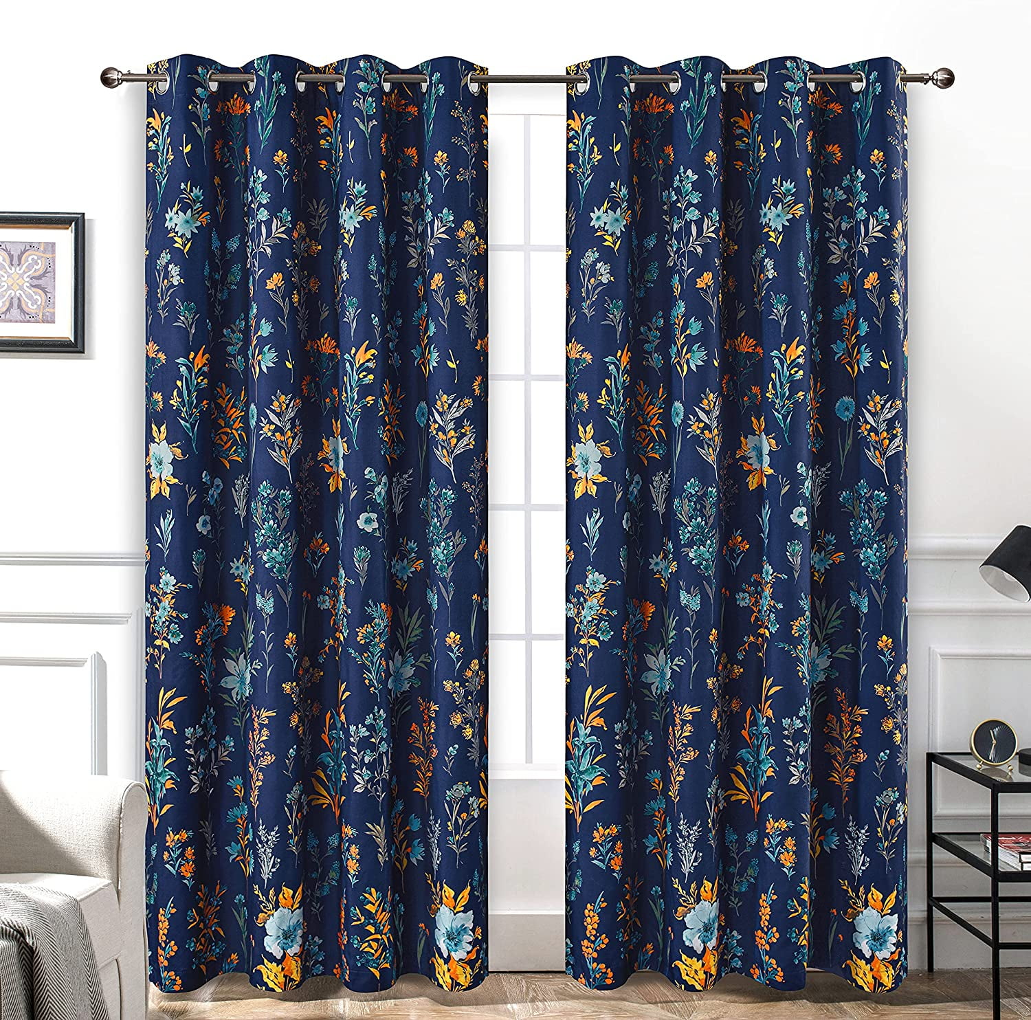 DriftAway Sylvia Floral Botanical Herbs Watercolor Printed Pattern Lined Blackout Window Curtain Grommet 52" x 84" Navy