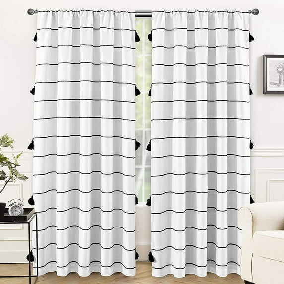 DriftAway Tassel Stripe Printed Boho Blackout Thermal Insulated Window Curtain Rod Pocket 2 Layers 2 Panels, 52" x 84" Black