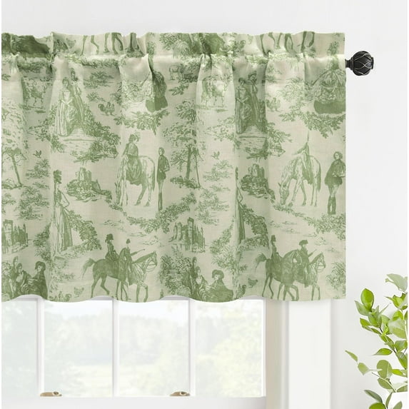 DriftAway Toile Linen Lined Valance Double Layer Thermal Room Darkening Blackout Window Curtain for Kitchen Bathroom Farmhouse French Country Vintage Printed Pattern Single 52 x 24 Inch Loden Green