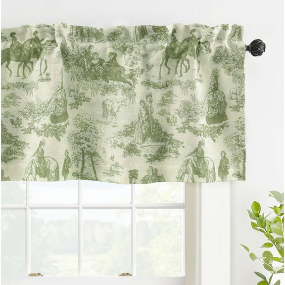 DriftAway Toile Linen Lined Valance Double Layer Thermal Room Darkening Blackout Window Valance Curtain for Bathroom Farmhouse French Country Vintage Printed Pattern Single 18 Inch Loden Green