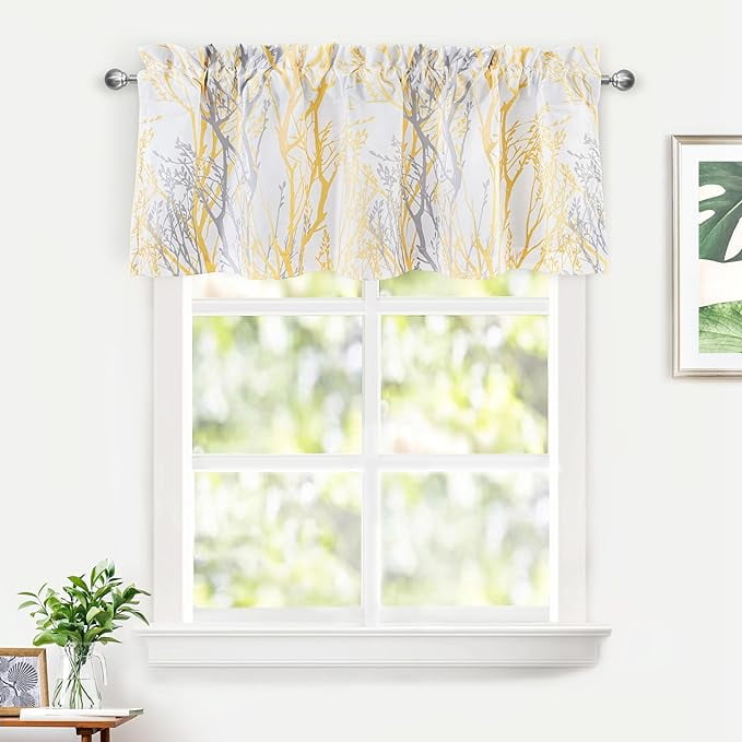 Yellow and Gray Tree Branch Thermal Insulated Rod Pocket Valance