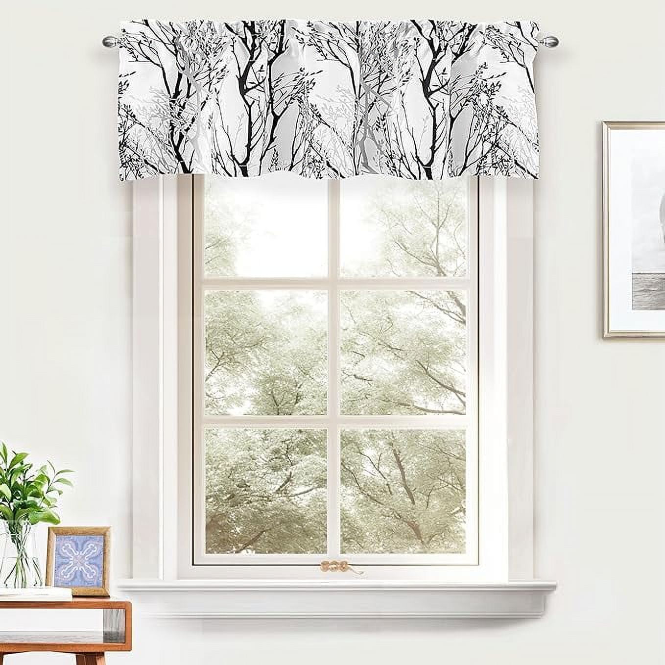 Black and White Tree Branch Pattern Rod Pocket Valance