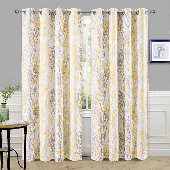 DriftAway Tree Branch Botanical Pattern Painting Blackout Room Darkening Thermal Insulated Grommet Lined Window Curtains 2 Panels 2 Layers, 52" x 84" Yellow