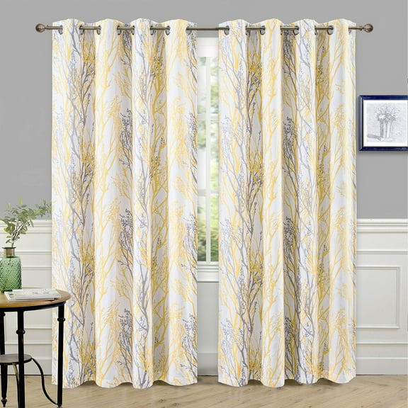 DriftAway Tree Branch Botanical Pattern Painting Blackout Room Darkening Thermal Insulated Grommet Lined Window Curtains 2 Panels 2 Layers, 52" x 84" Yellow