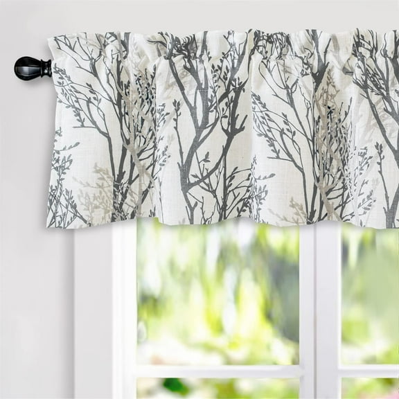 DriftAway Tree Branch Linen Blend Abstract Ink Printing Lined Blackout Window Curtain Valance Rod Pocket 52"Wx14"L  2" Header Gray