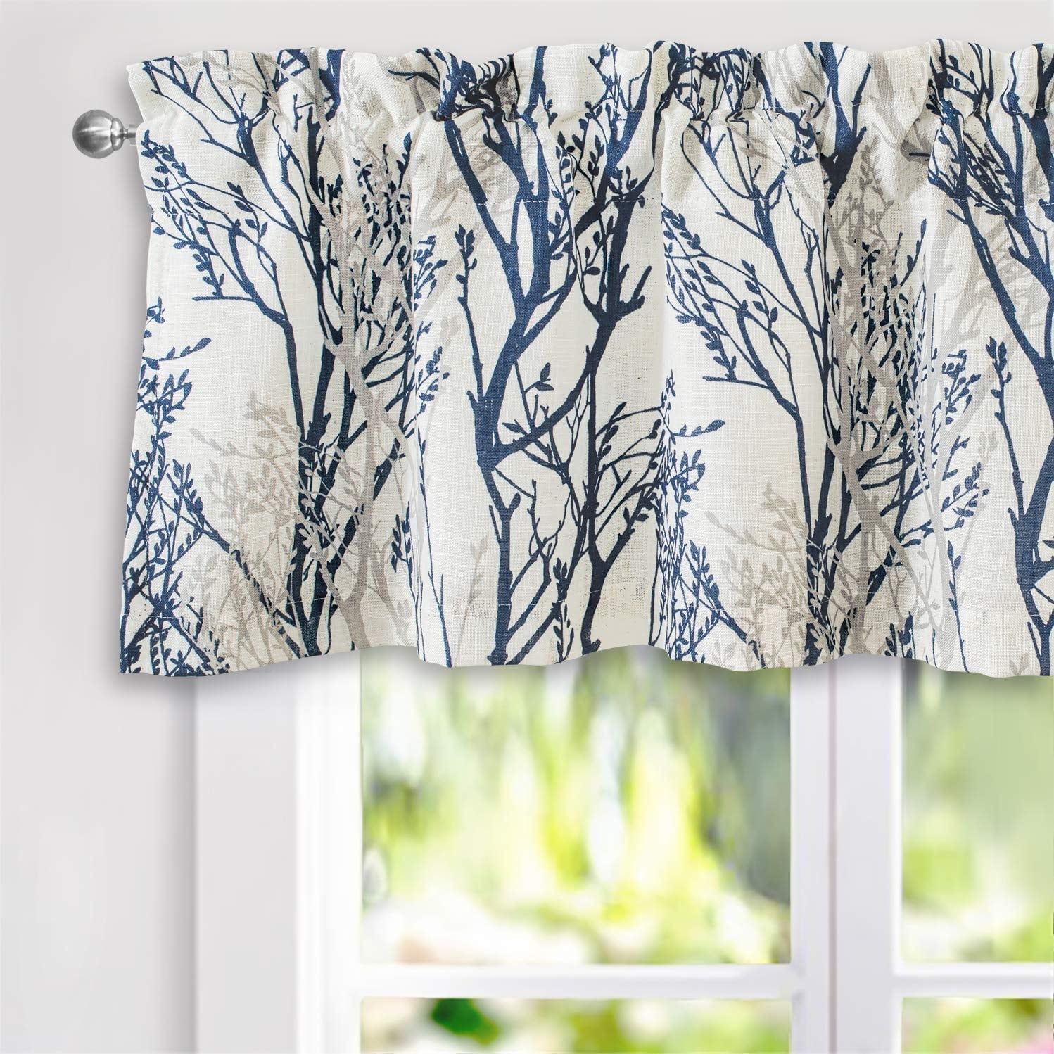 Blue and Off-White Linen Blend Tree Branch Valance, 52" x 18"