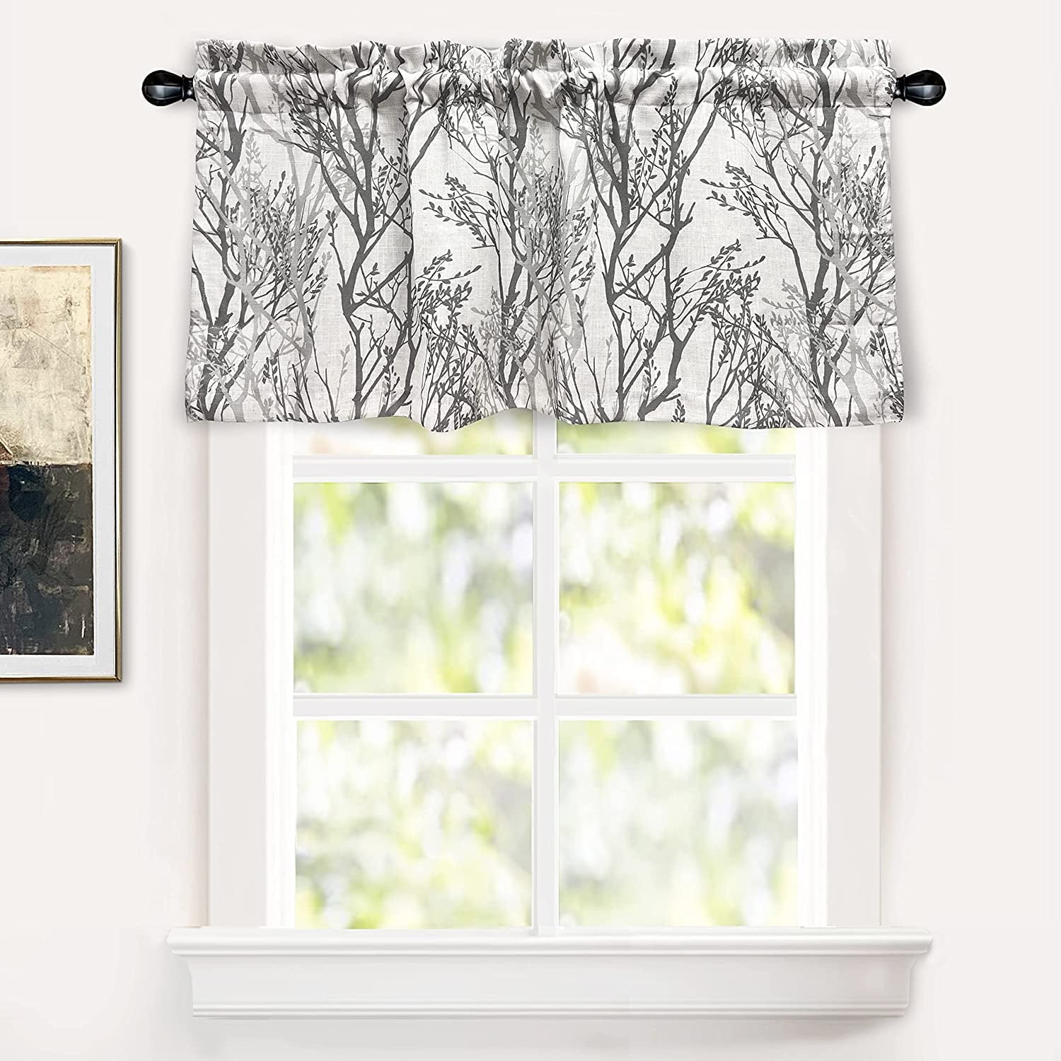 DriftAway Tree Branch Linen Blend Abstract Ink Printing Lined Window Curtain Valance Grey 52'' width x 24'' length