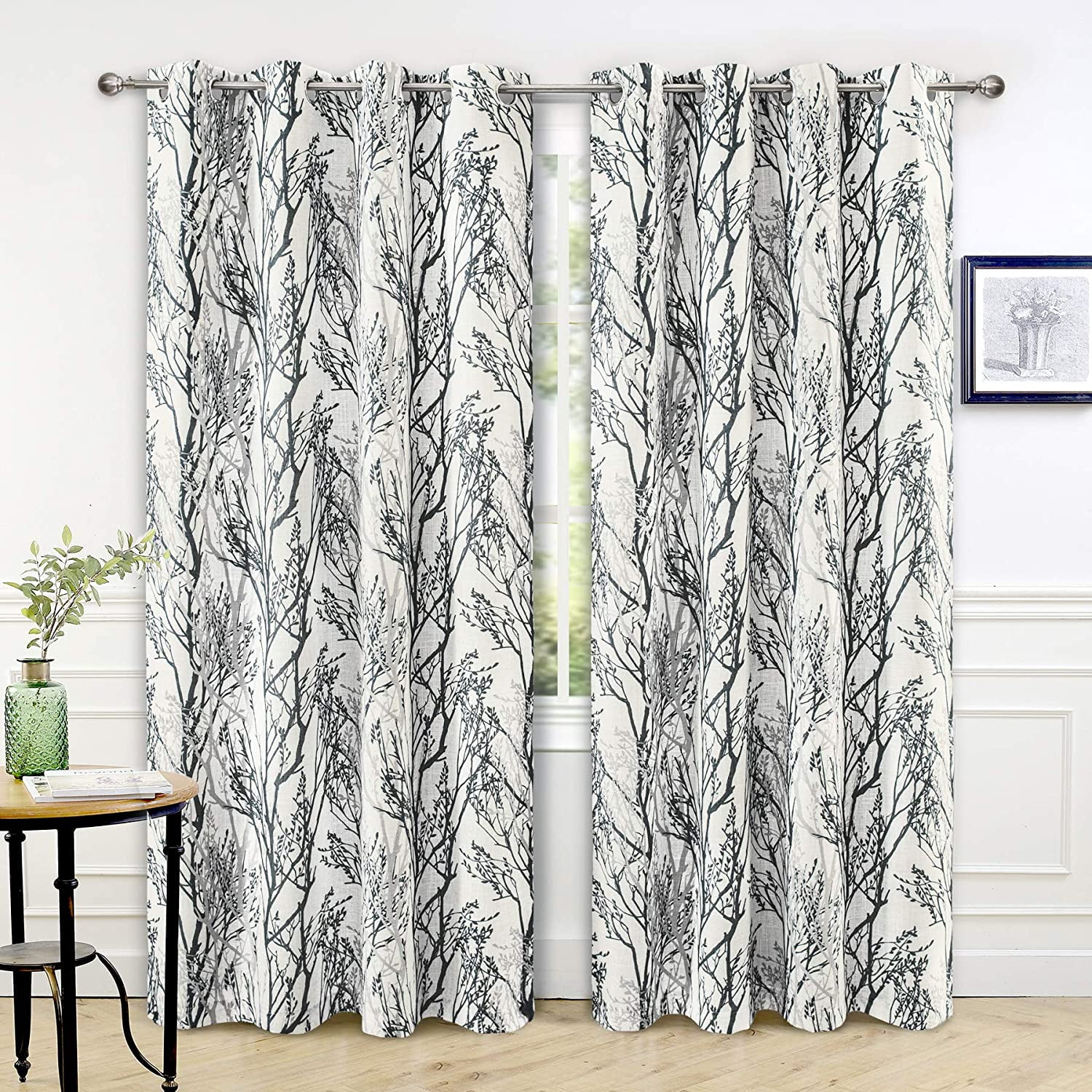 DriftAway Tree Branch Linen Blend Botanical Pattern Painting Blackout Room Darkening Thermal Insulated Grommet Lined Window Curtains 2 Panels 2 Layers Each 52 Inches by 84 Inches Gray
