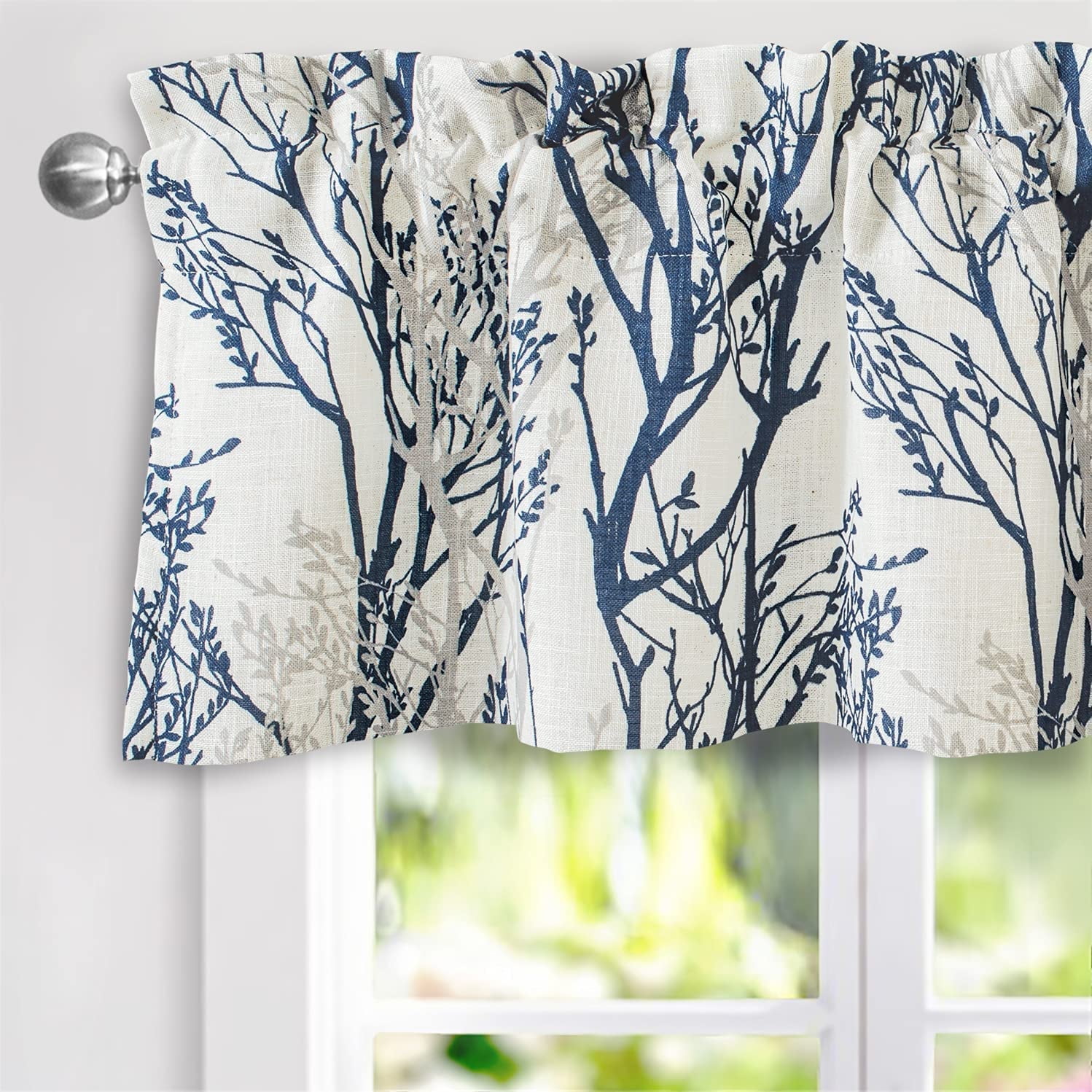 Blue and Off-White Linen Tree Branch Rod Pocket Valance