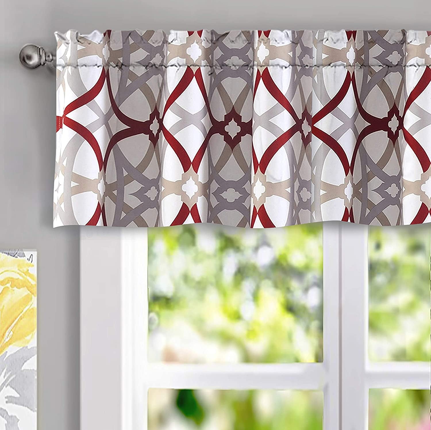 Alexander Red and Gray Geometric Trellis Rod Pocket Valance