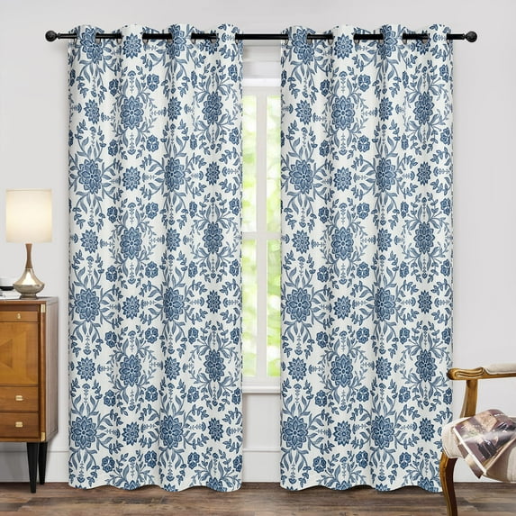 DriftAway Twyla Linen Blend Blackout Curtains for Bedroom Boho Floral Printed Thermal Insulated Grommet Top Lined Window Treatments for Living Room 2 Panels W52 x L84 Ivory Navy