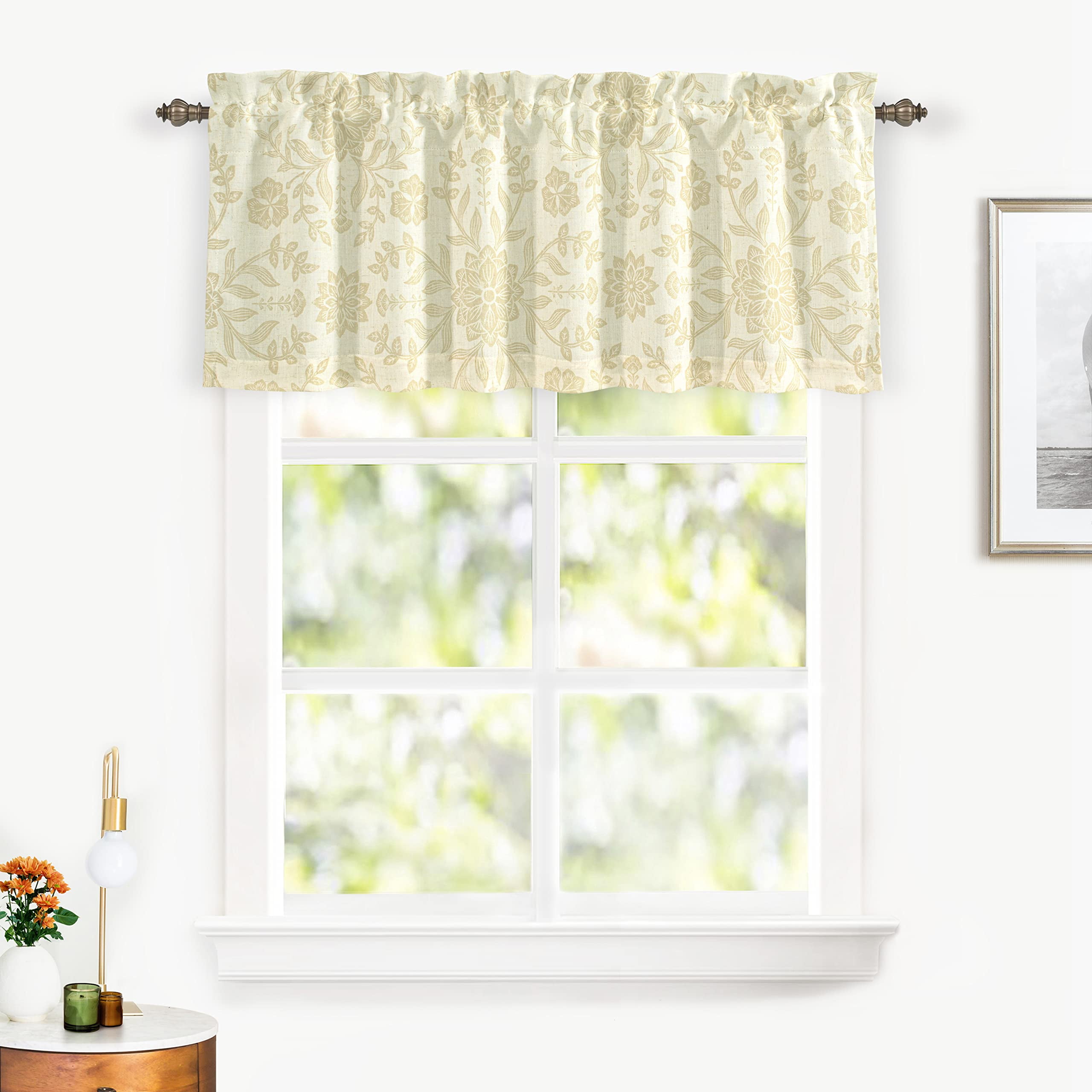 Ivory Beige Linen Blend Floral Blackout Window Valance, 52'' Wide