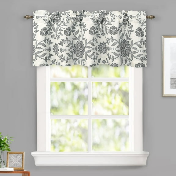 DriftAway Twyla Linen Blend Blackout Valance for Kitchen 18 Inch Length Boho Floral Printed Lined Rod Pocket Room Darkening Window Curtain Valance for Living Room Bedroom 52x18 Inch Ivory Gray