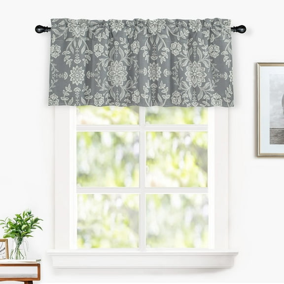 DriftAway Twyla Linen Blend Blackout Valance for Kitchen 18 Inch Length Boho Floral Printed Lined Rod Pocket Room Darkening Window Curtain Valance for Living Room Bedroom 52x18 Inch Gray Beige